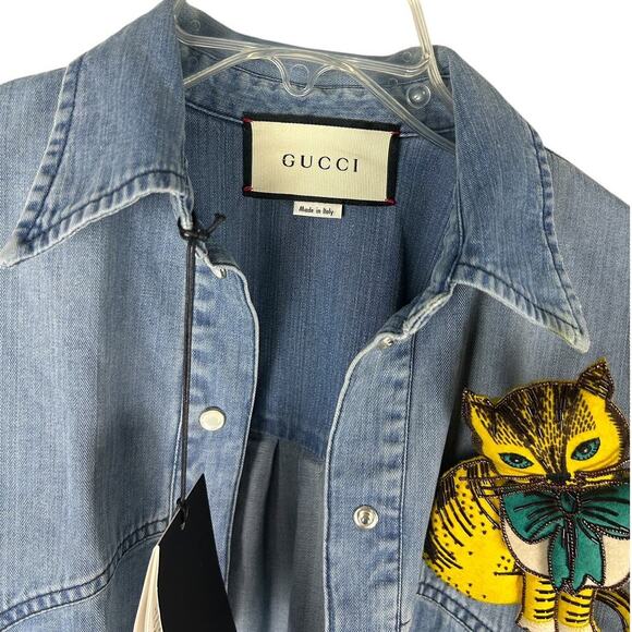 Gucci NWT SS 19 Bleached Oversized Denim Midi Dress w/ Cat Broach 38 M - Picture 8 of 9